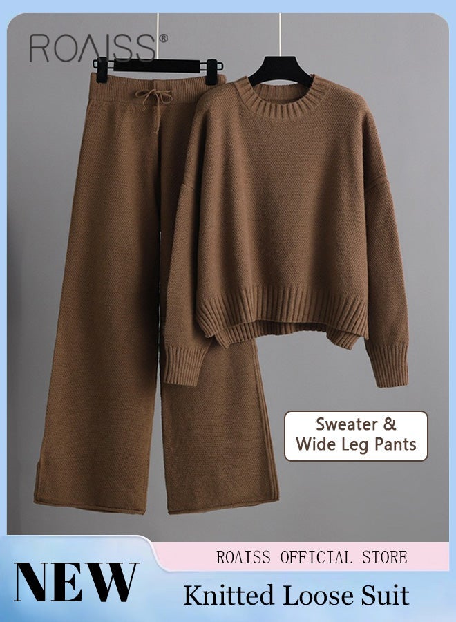 roaiss Women 2 Piece Outfits, Oversized Knitted Suit with Pullover Sweater and Wide Leg Pants, Comfortable Lounge Set for Ladies, Suitable for Daily Wear, Homewear or Any Casual Occasion - Image 2